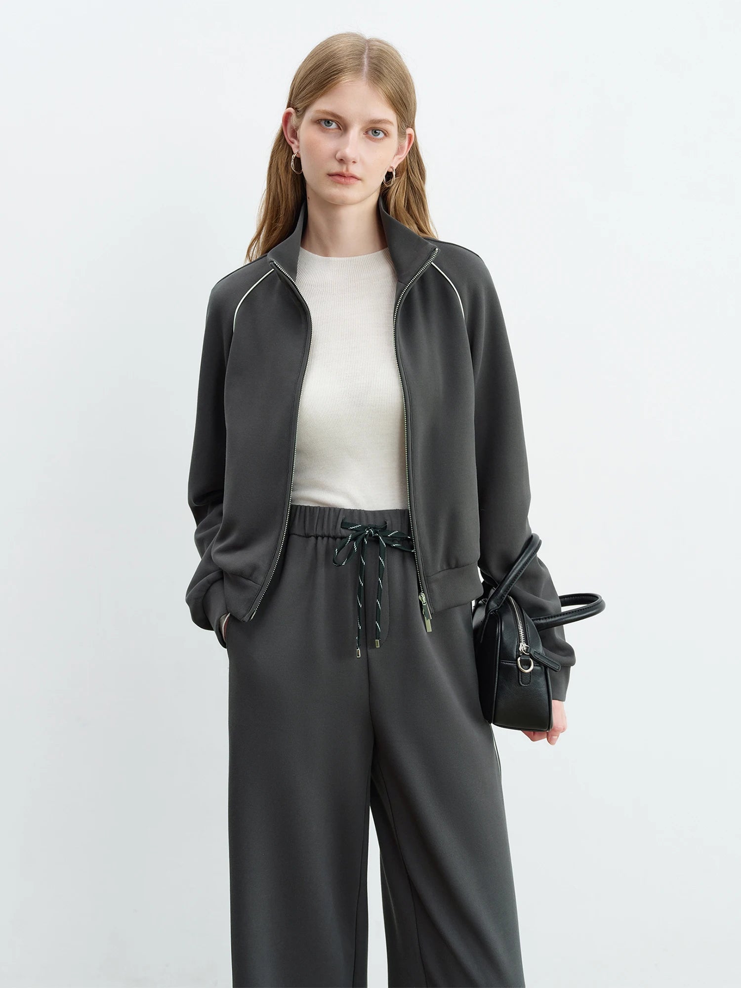 Stand Collar Zip-Up Casual Two-Piece Set with High Waist Pants