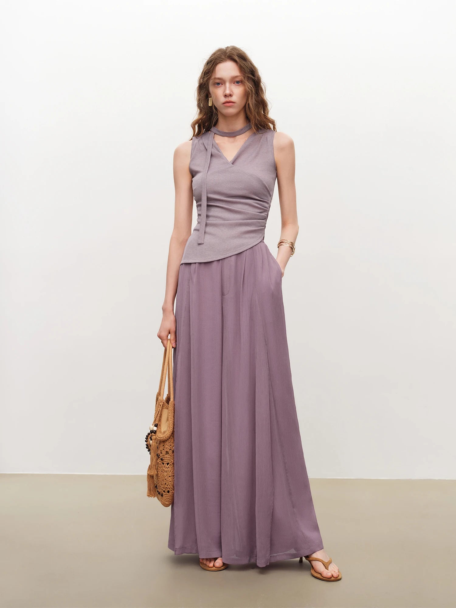 High-Waist Elastic Straight Full-Length Casual Pants Set