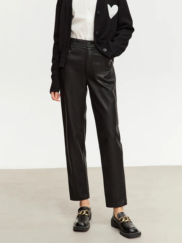 Straight Fit Faux Leather Ankle-Length Pants
