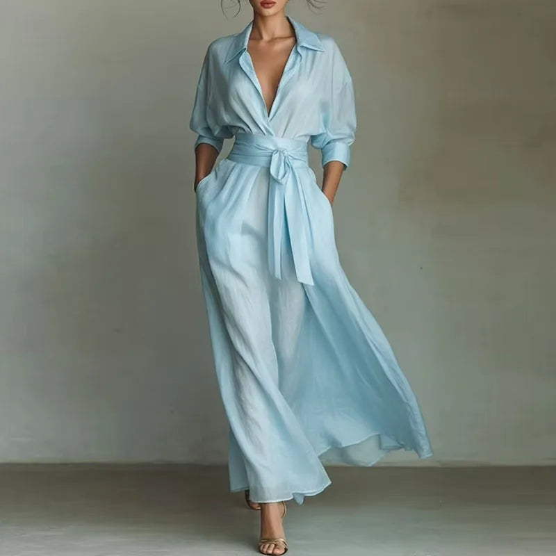 Elegant Turn-Down Collar A-Line Midi Dress