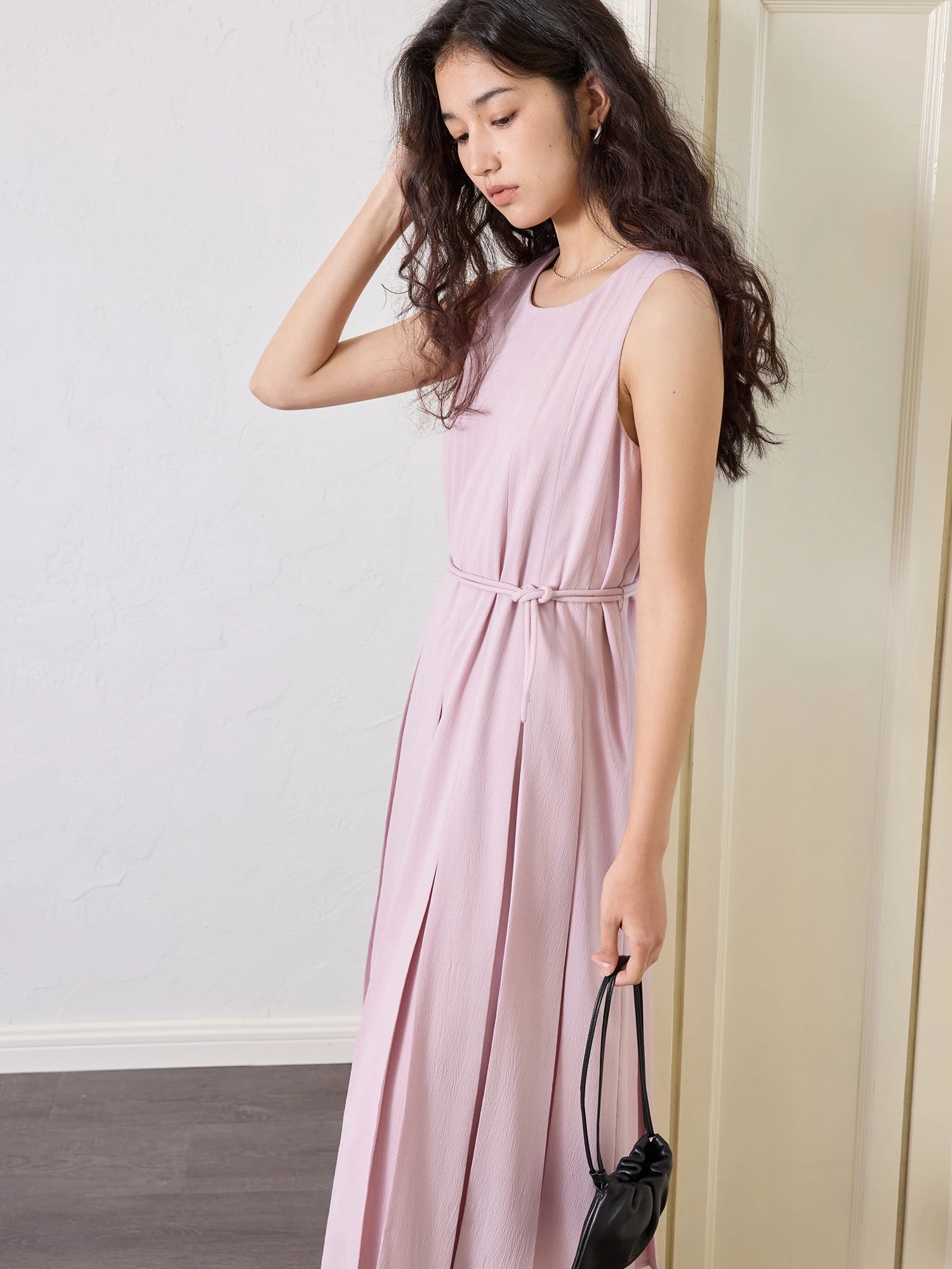 O-Neck Fit and Flare Mid-Calf Office Lady Dress with Sash Detail