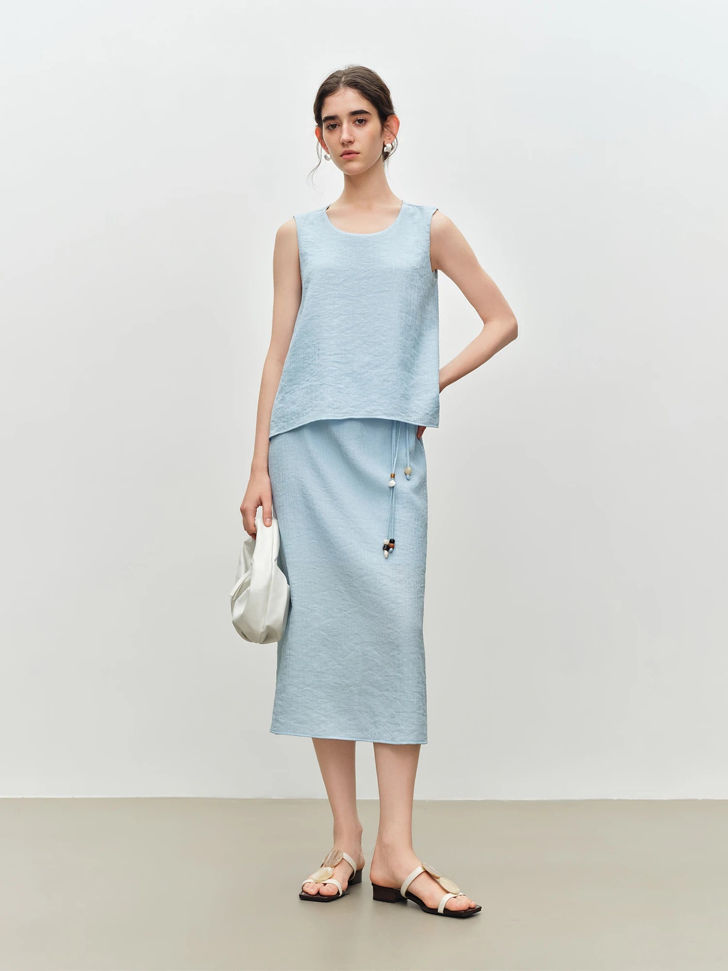 O-Neck Sleeveless Straight Office Two-Piece Set with Sash Detail