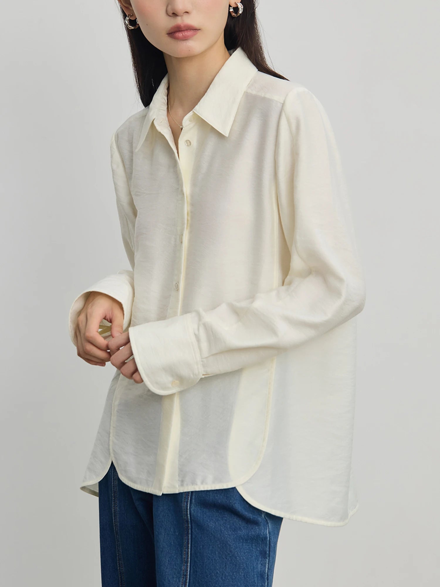 Polo-Neck Single-Breasted Loose Office Blouse