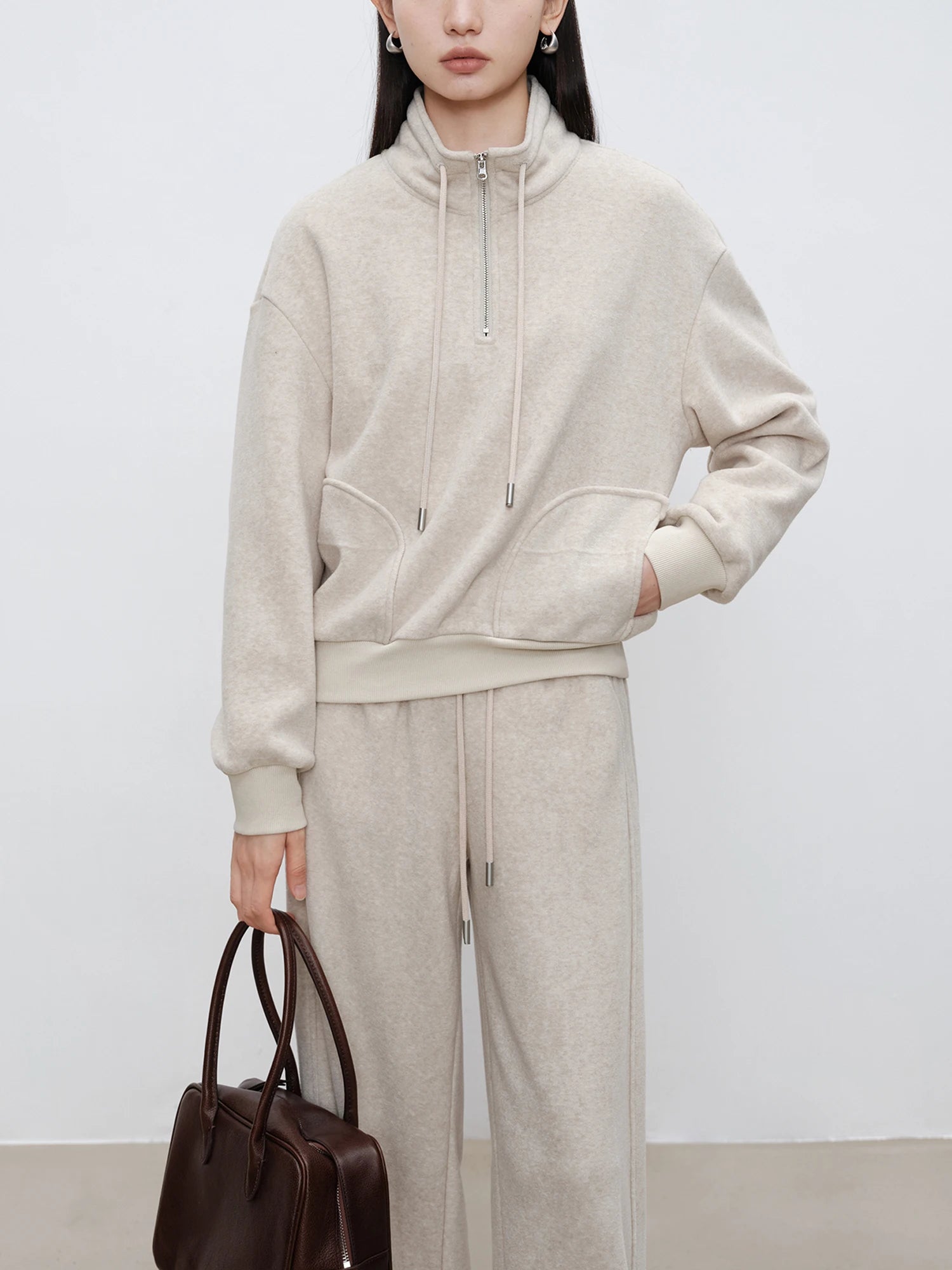 High-Waist Straight Fit Stand Collar Sports-Inspired Set