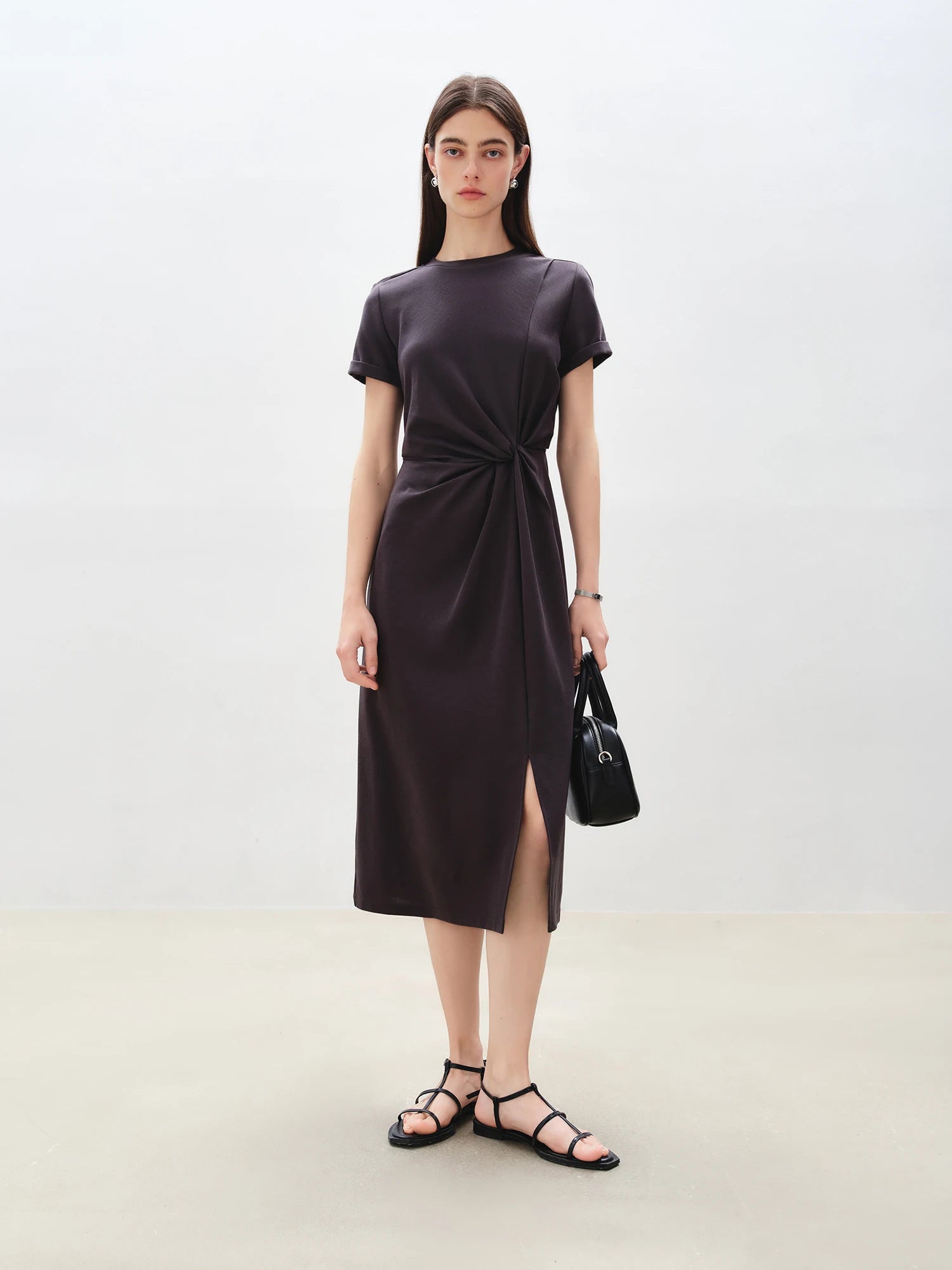 Asymmetric O-Neck Fit and Flare Jersey Mid-Calf Office Dress