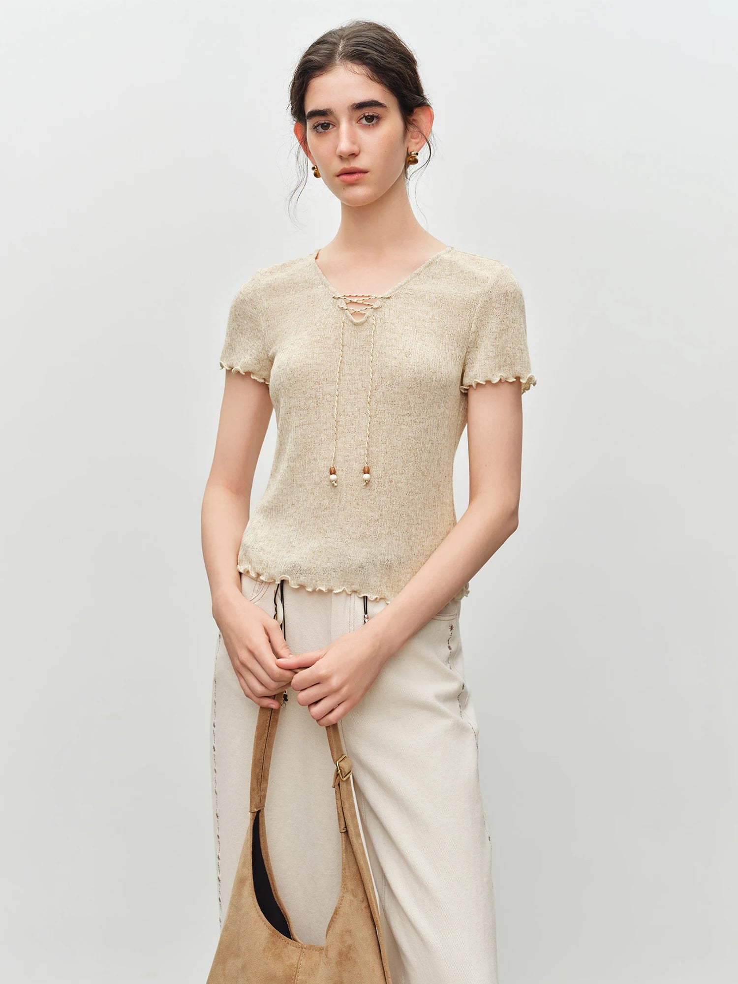 Beaded V-Neck Short Sleeve Casual Top