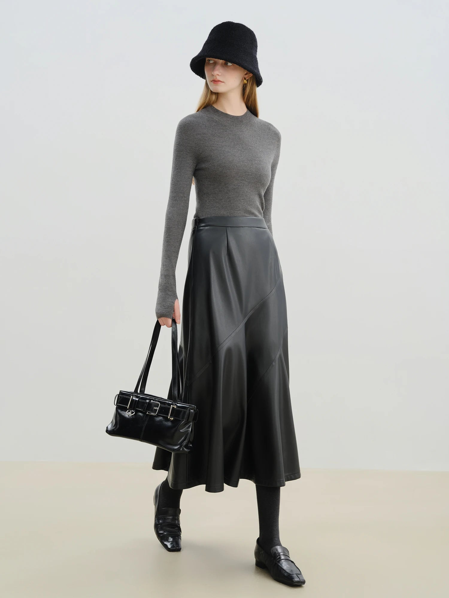 PU Coated Empire Waist A-Line Mid-Calf Casual Dress