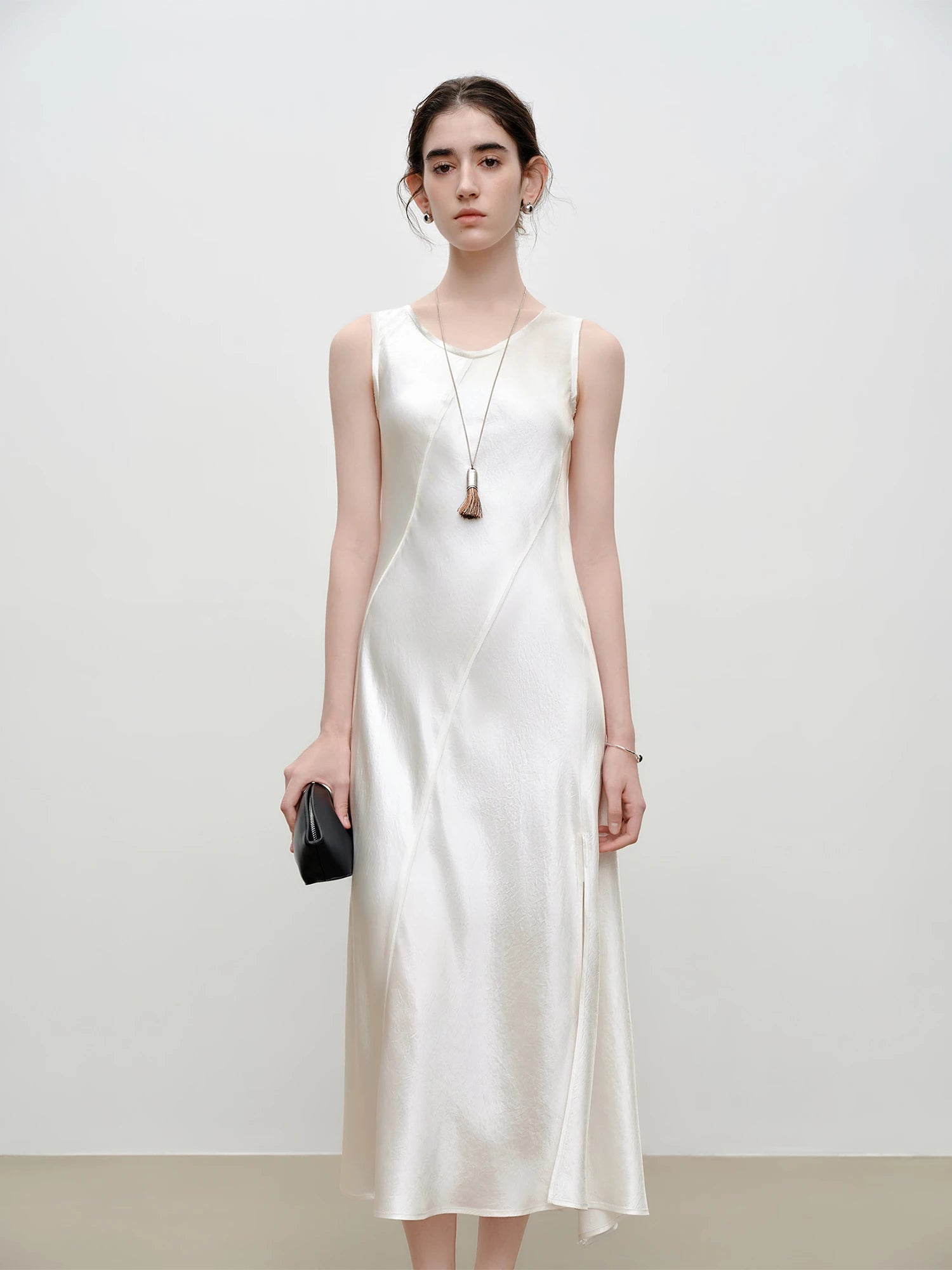 Elegant Slim Fit Acetate Midi Dress – Sleek Minimalist Evening Look