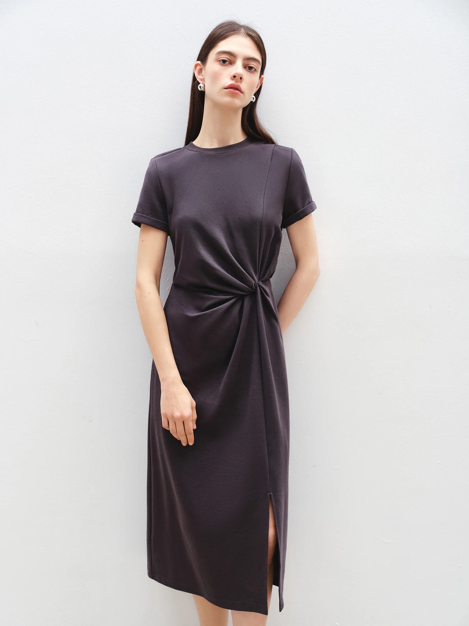 Asymmetric O-Neck Fit and Flare Jersey Mid-Calf Office Dress