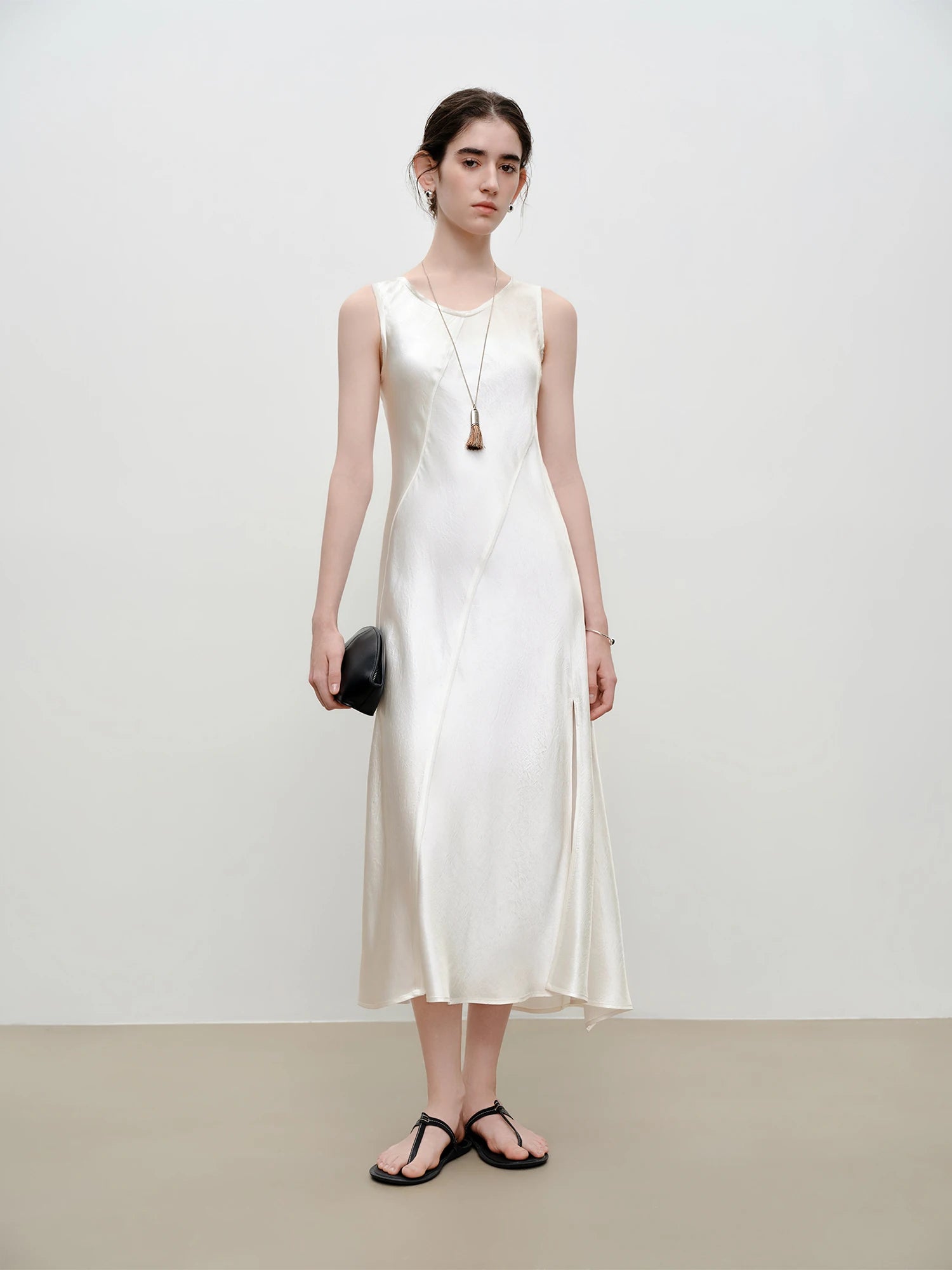 Elegant Slim Fit Acetate Midi Dress – Sleek Minimalist Evening Look