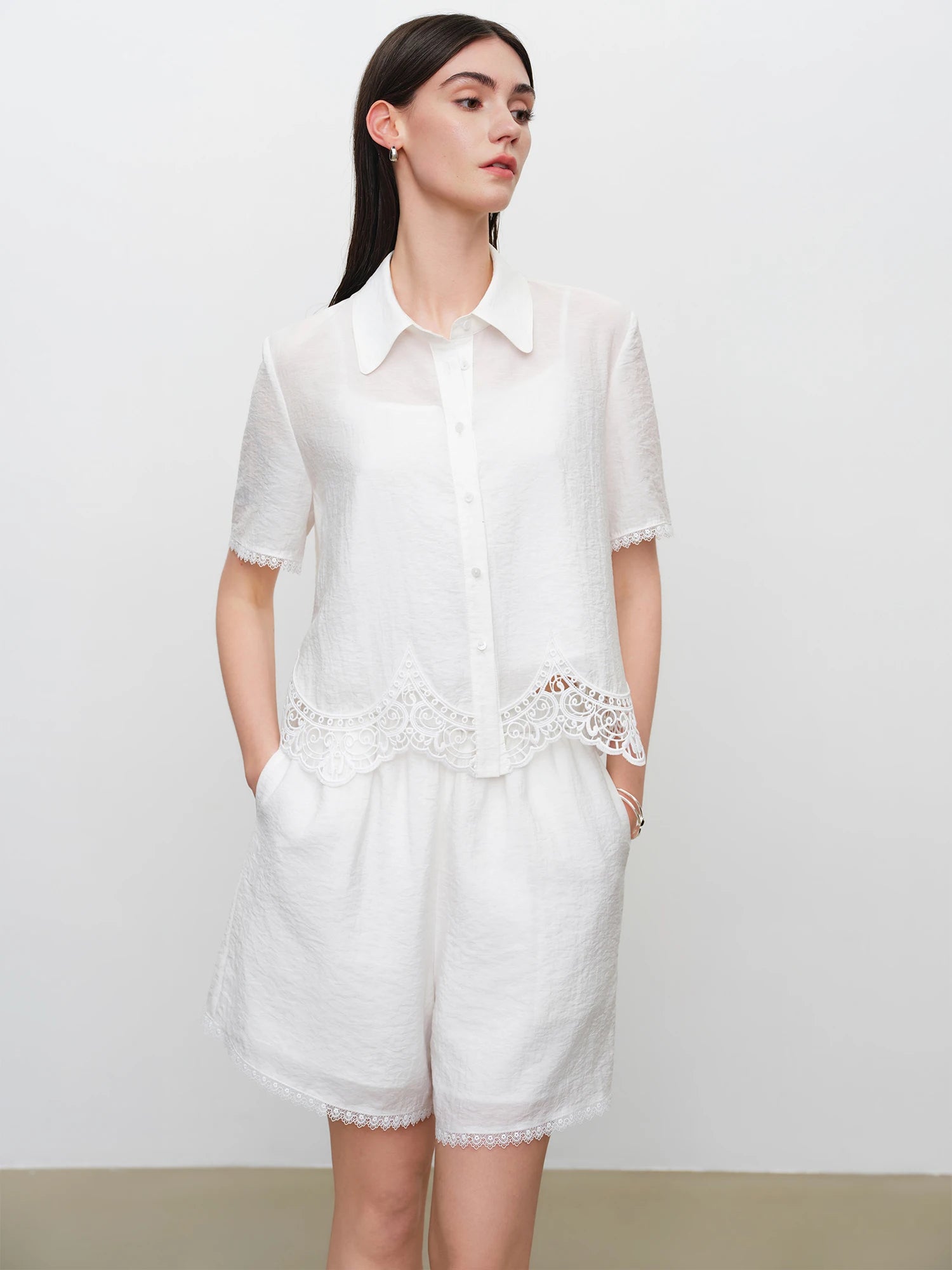Turn-Down Collar Short Sleeve Shirt & Shorts Office Two-Piece Set
