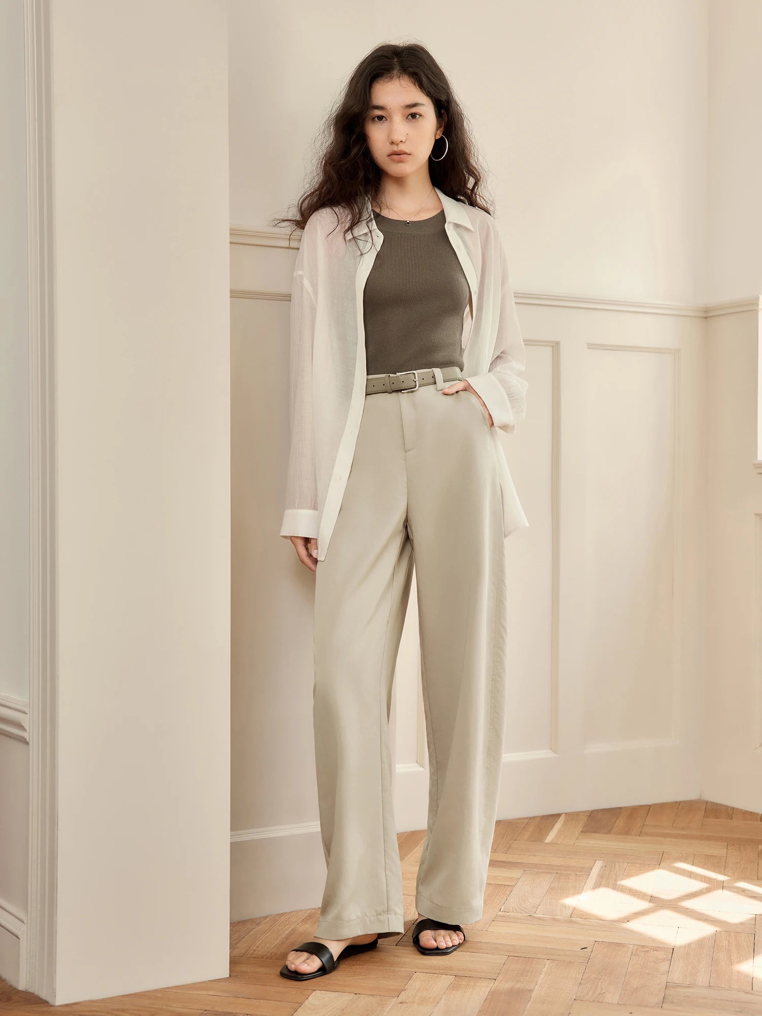 High-Waist Straight Leg Cotton Lyocell Pants