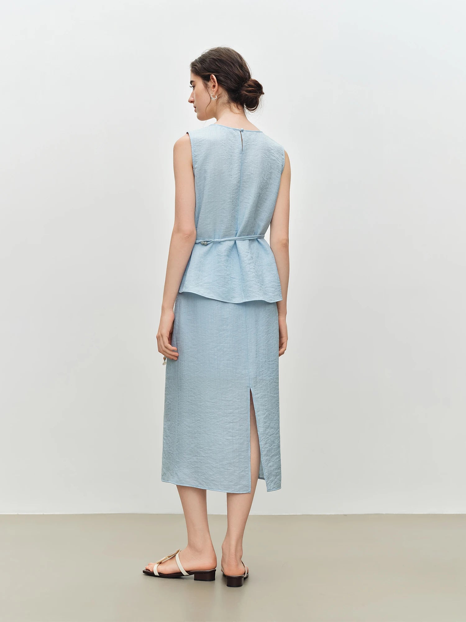 O-Neck Sleeveless Straight Office Two-Piece Set with Sash Detail