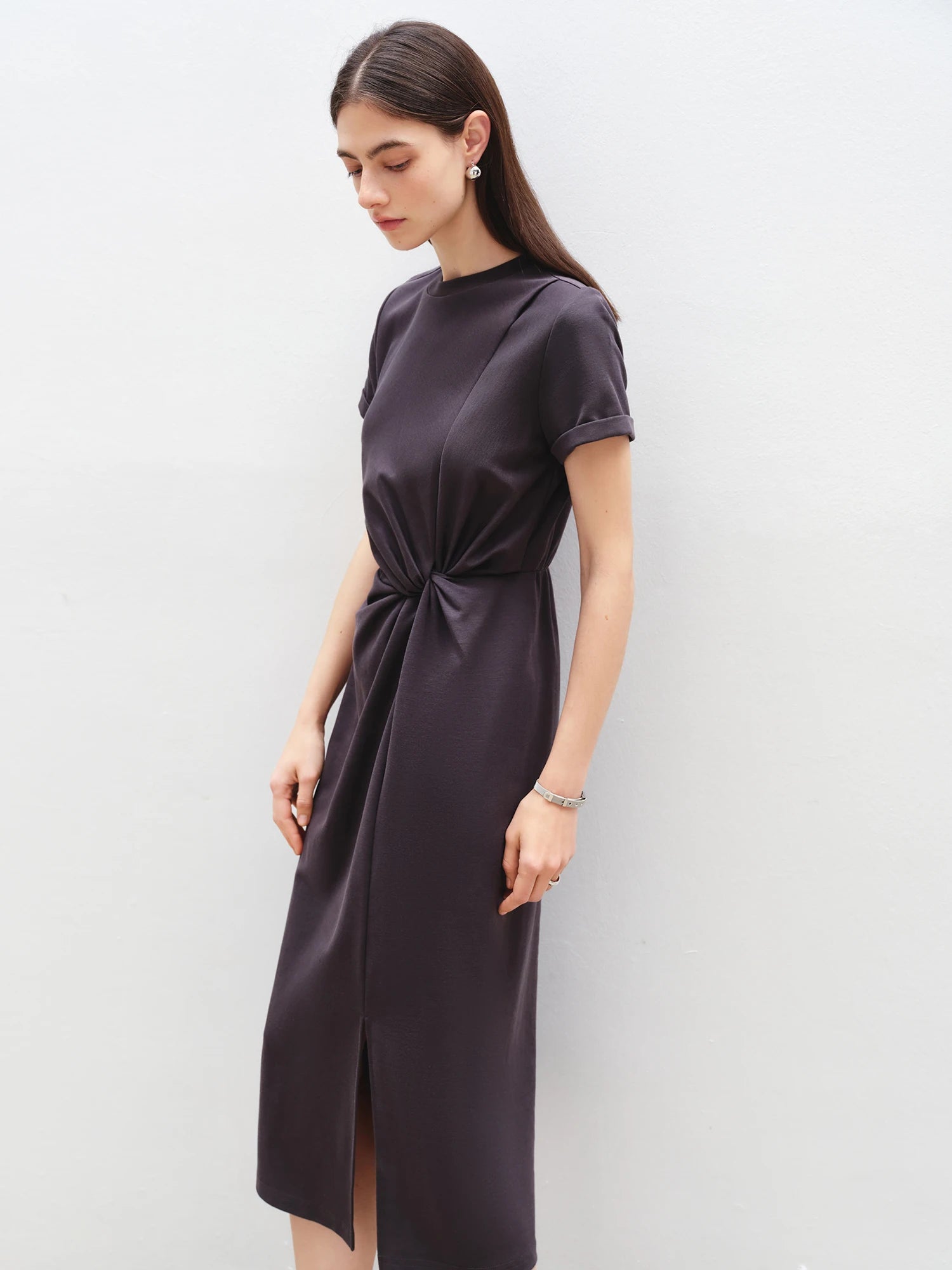 Asymmetric O-Neck Fit and Flare Jersey Mid-Calf Office Dress
