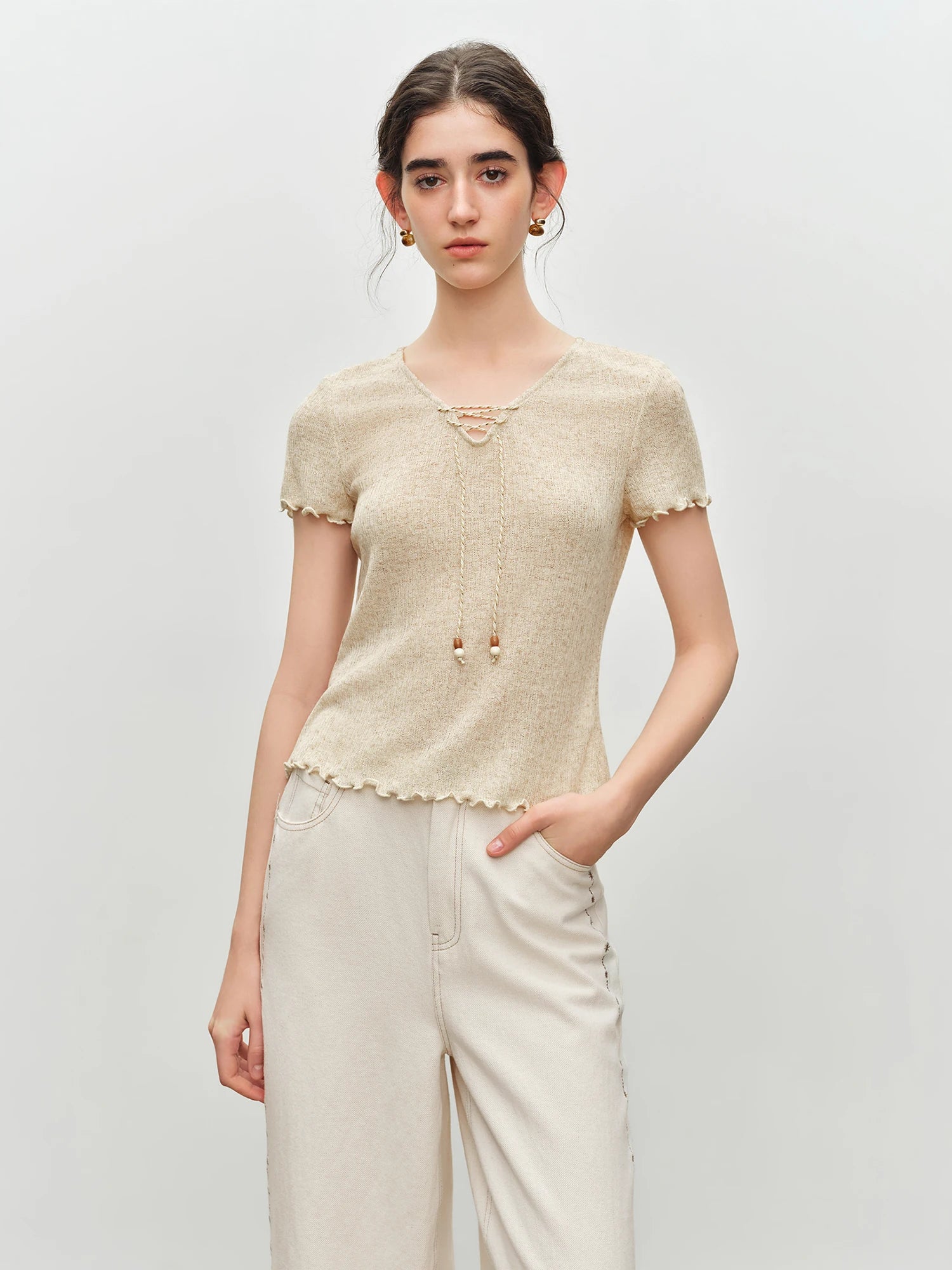 Beaded V-Neck Short Sleeve Casual Top