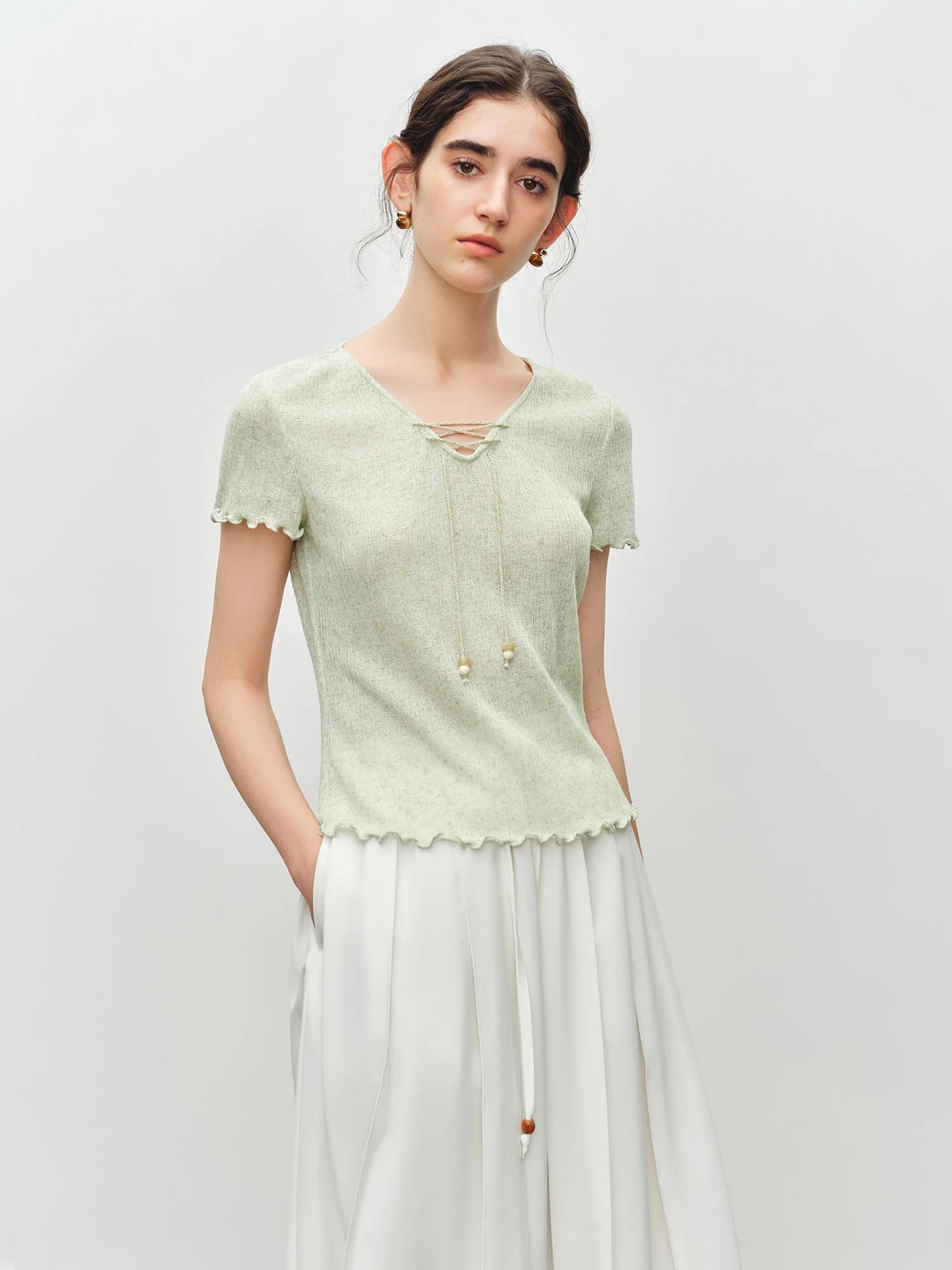 Beaded V-Neck Short Sleeve Casual Top