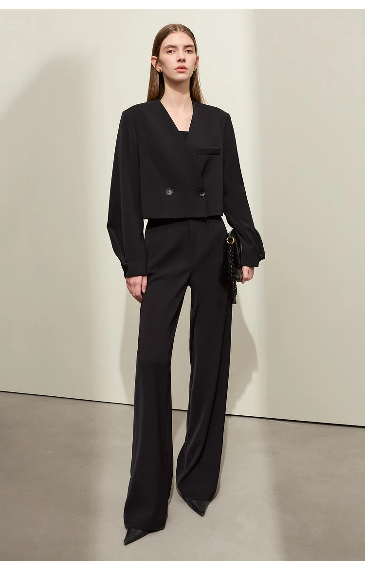 Loose Fit V-Neck Blazer and Wide Leg Pant Set