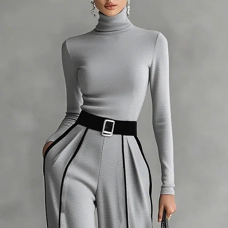 Elegant Turtleneck Two-Piece Set with Wide-Leg Pants