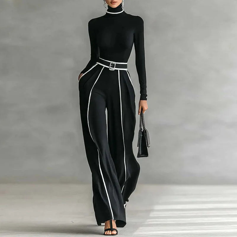 Elegant Turtleneck Two-Piece Set with Wide-Leg Pants