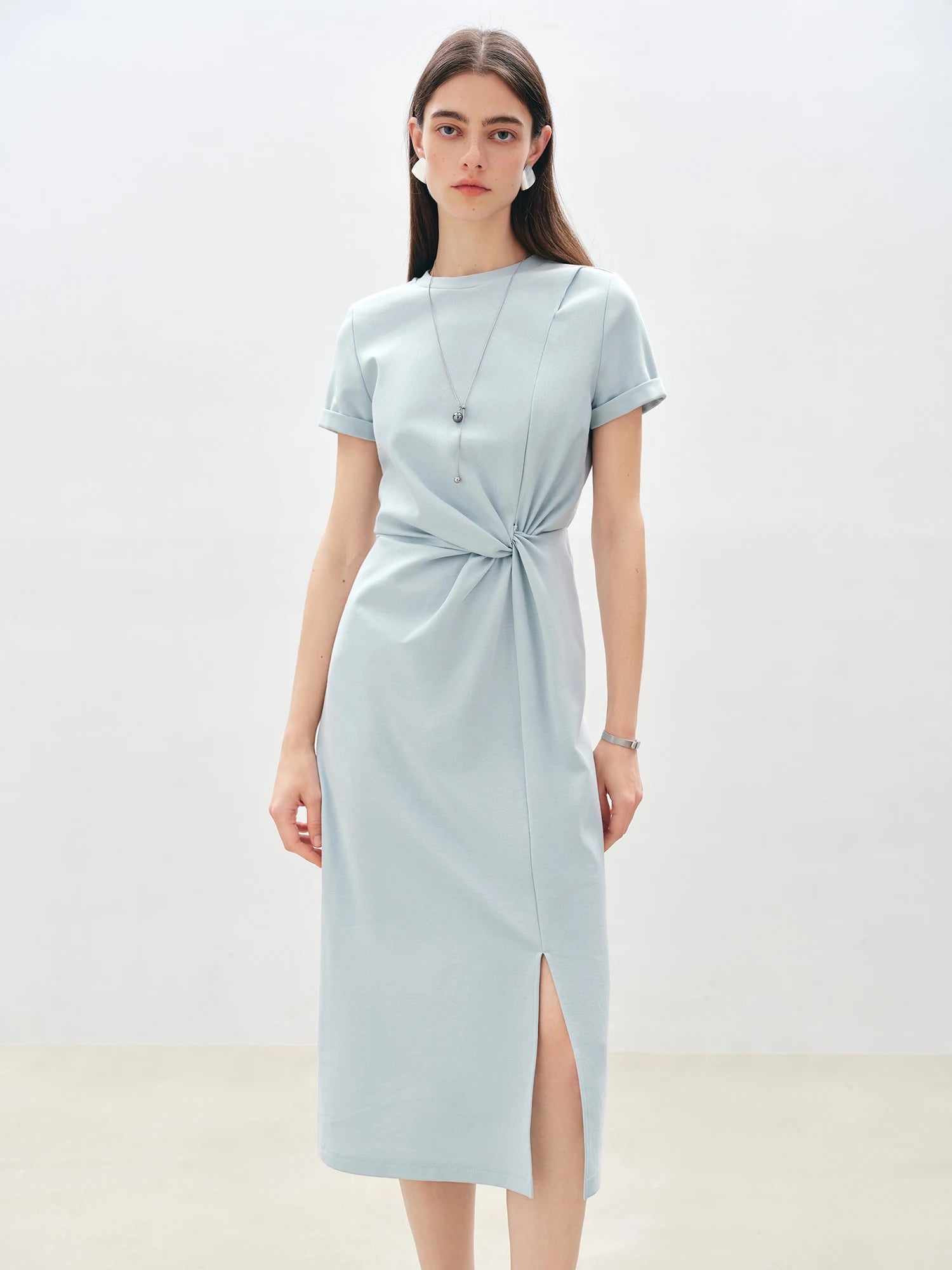 Asymmetric O-Neck Fit and Flare Jersey Mid-Calf Office Dress